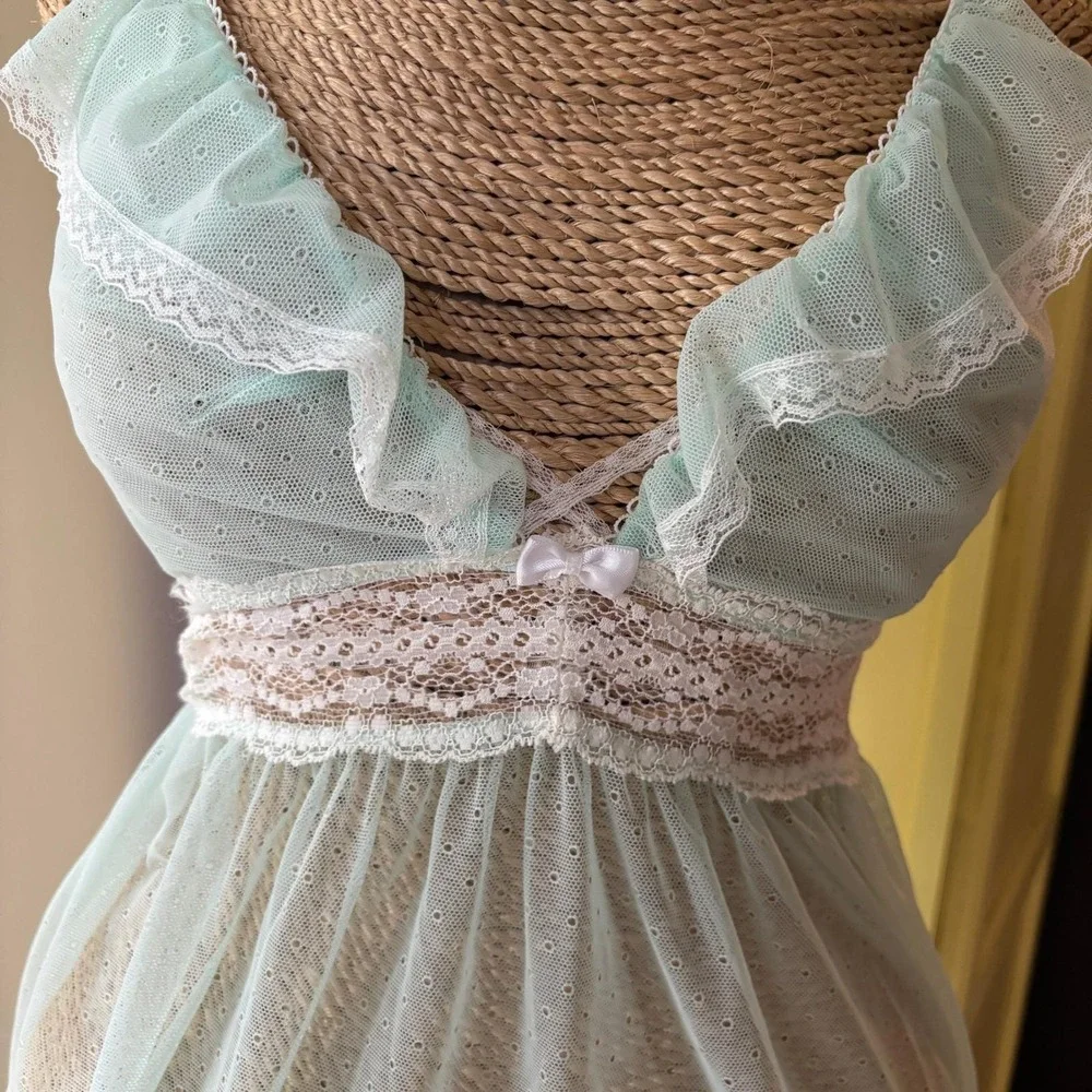 Betsey Johnson Aqua Blue Babydoll Lingerie Lace Trim Ruffle Halter Y2K - Picture 10 of 12